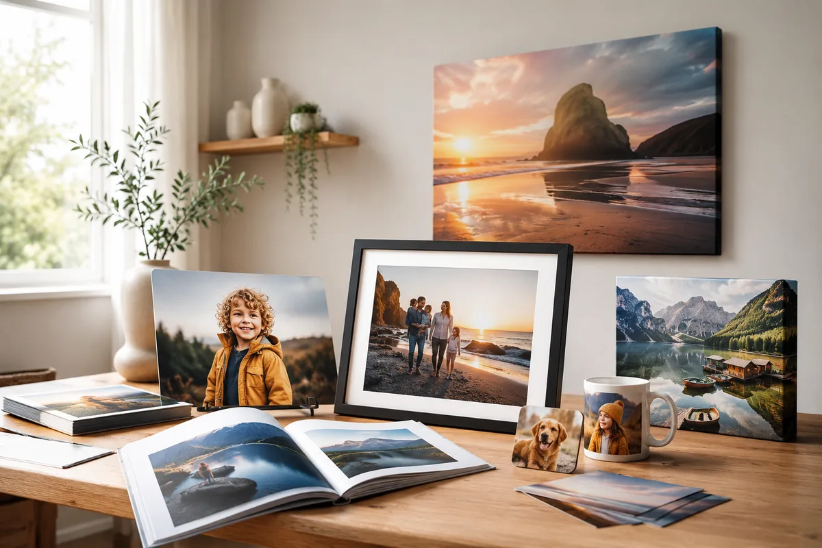 Photo products on a desk by a window — loose prints, a framed family photo, canvas wall art, an open photo book, a photo mug and a coaster